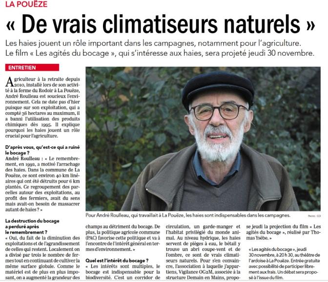 Article du Courrier de l'Ouest du 27 novembre 2023 avec André Roulleau en photo