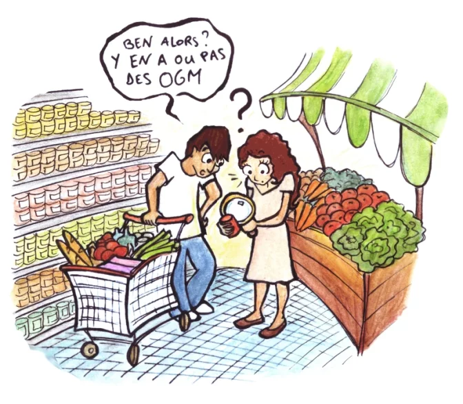 Dessin : Dans un magasin, un couple regarde une boîte de conserve à la loupe. « Ben alors ? Y en a ou pas des OGM ? »