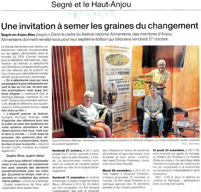 Article du journal Ouest-France du 14 octobre 2023 avec les rorganisateurs du festival Alimenterre en photo